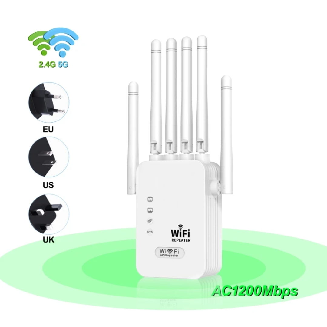 High Speed WiFi Repeater 1200Mbps 5G + 300Mbps 2.4GHz Dual Band Range Extender for All Routers