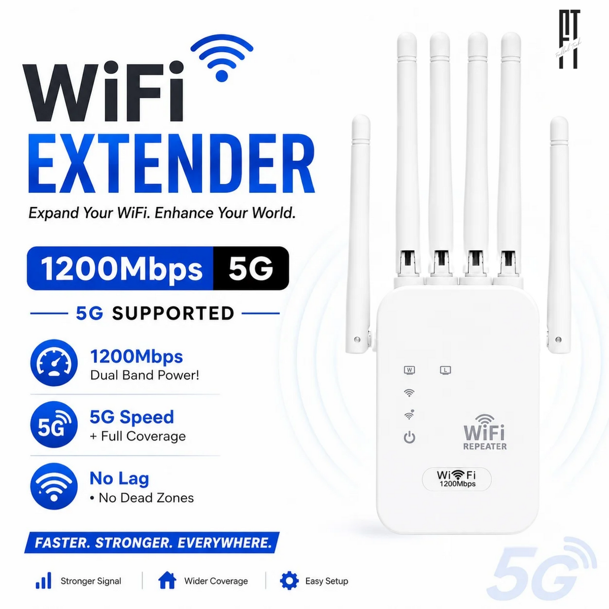 High Speed WiFi Repeater 1200Mbps 5G + 300Mbps 2.4GHz Dual Band Range Extender for All Routers