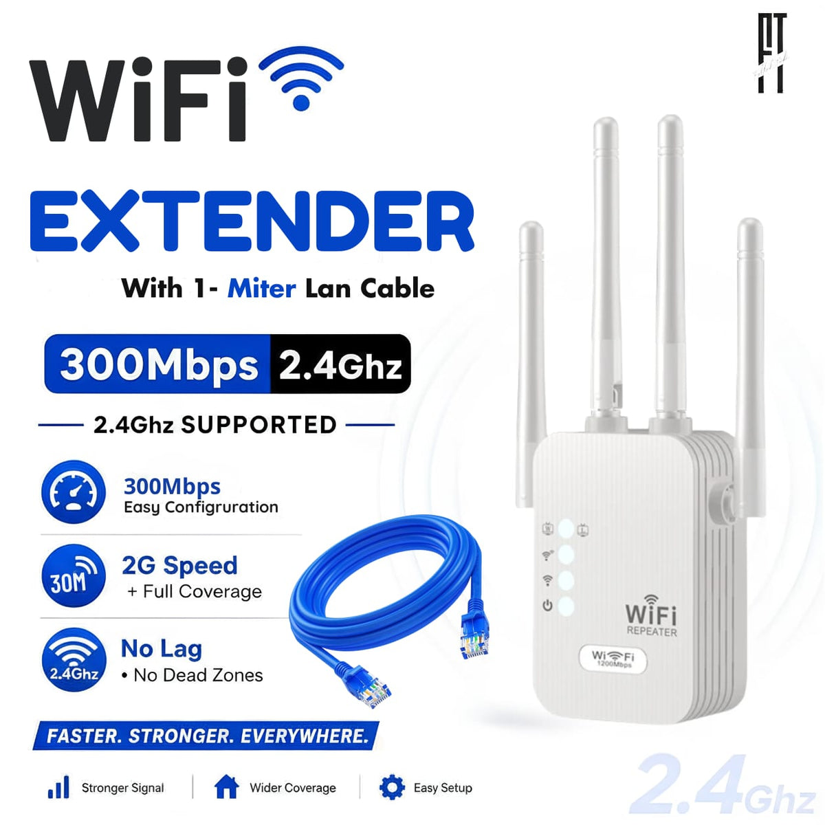 WiFi Extender 2.4GHz 300Mbps Wireless Repeater with 4 High Gain Antennas Signal Booster