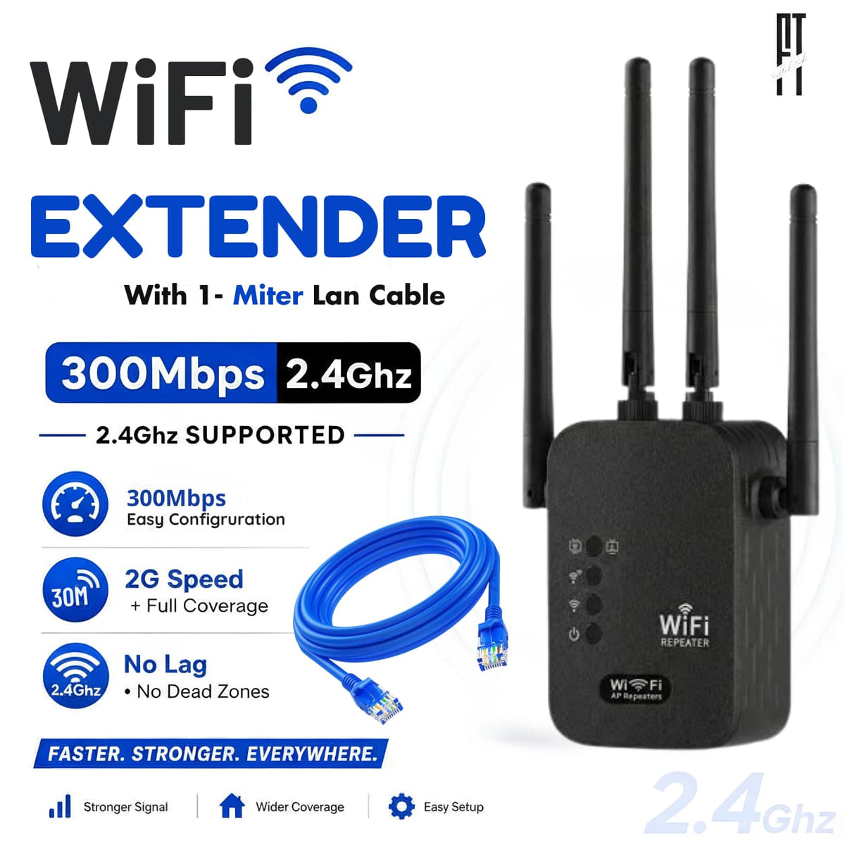 WiFi Extender 2.4GHz 300Mbps Wireless Repeater with 4 High Gain Antennas Signal Booster