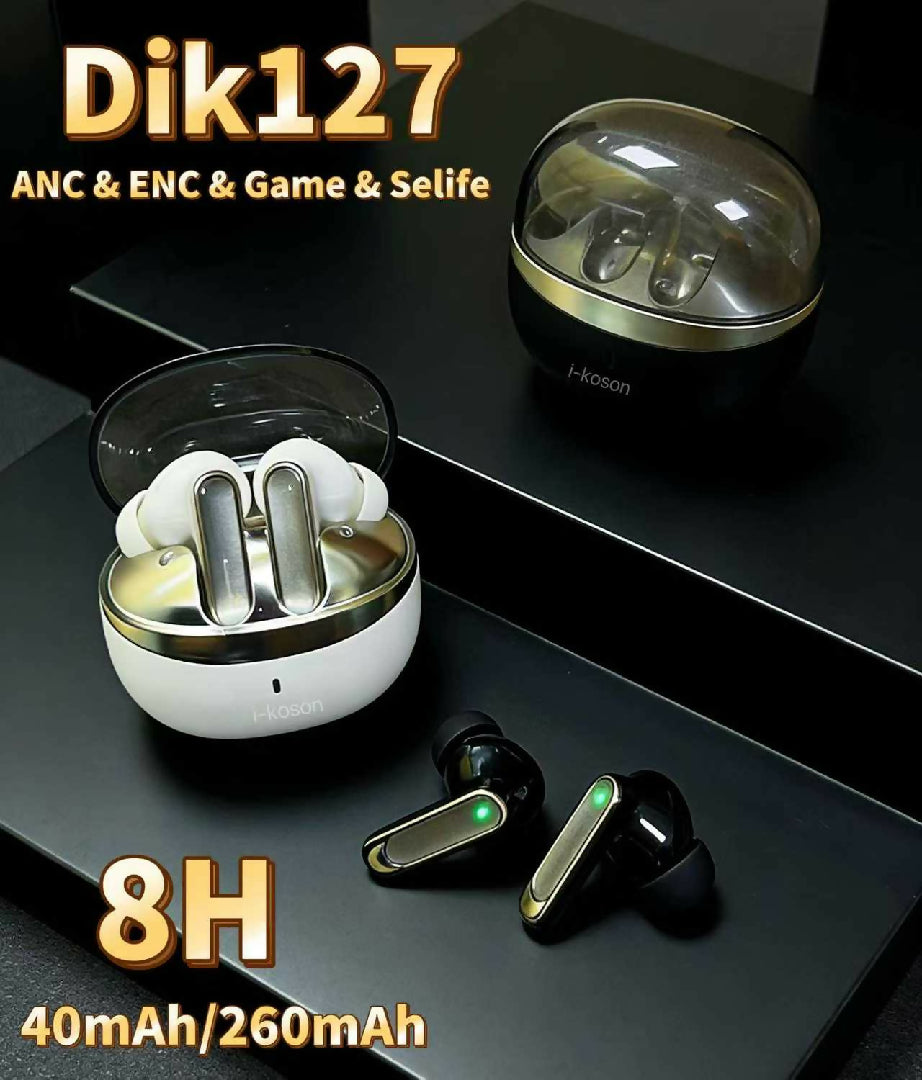 I KOSON IK127 Wireless Earbuds Active Noise Cancelling (ANC) And ENC Deep Bass 8H Music Time Premium Black Gold Design
