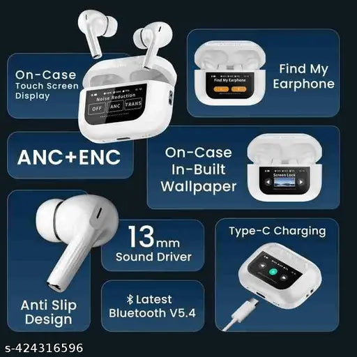 A9 LED Screen AirPods Pro with ANC & ENC – Wireless Earbuds Bluetooth 5.3 Deep Bass Touch Display