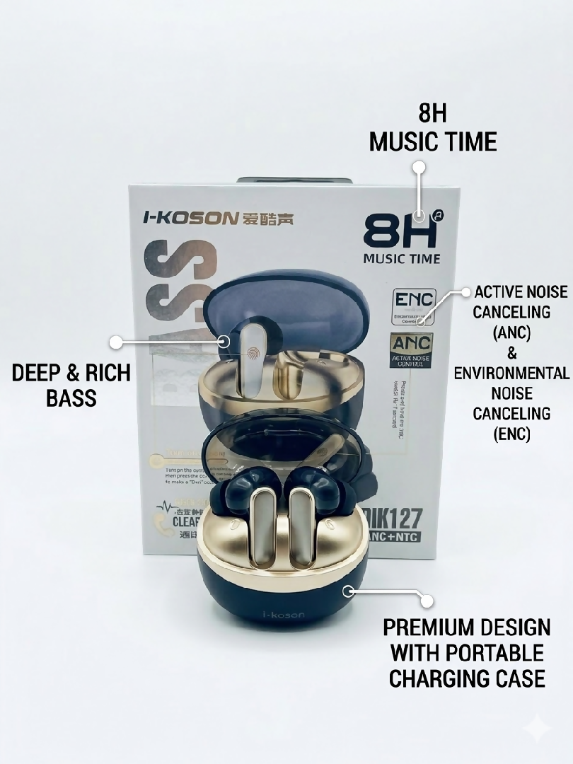 I KOSON IK127 Wireless Earbuds Active Noise Cancelling (ANC) And ENC Deep Bass 8H Music Time Premium Black Gold Design